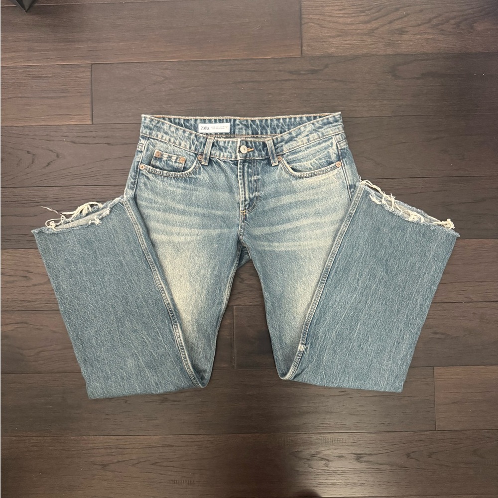 Zara Light Blue Distressed Straight Leg Jeans